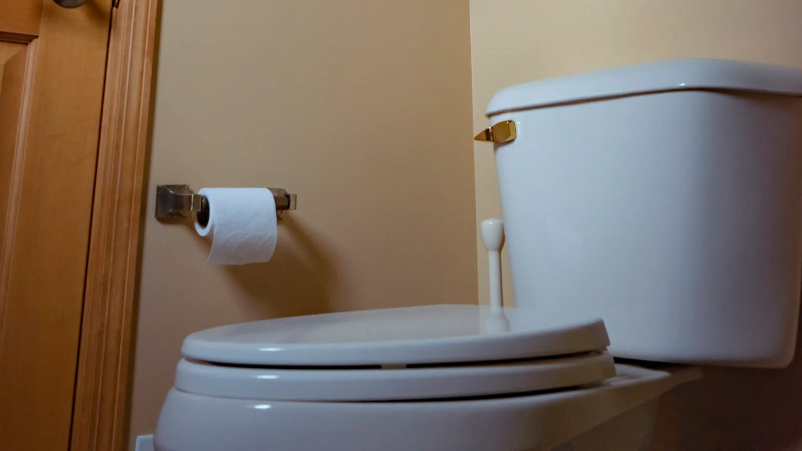 White toilet with a roll of toilet paper in a domestic bathroom